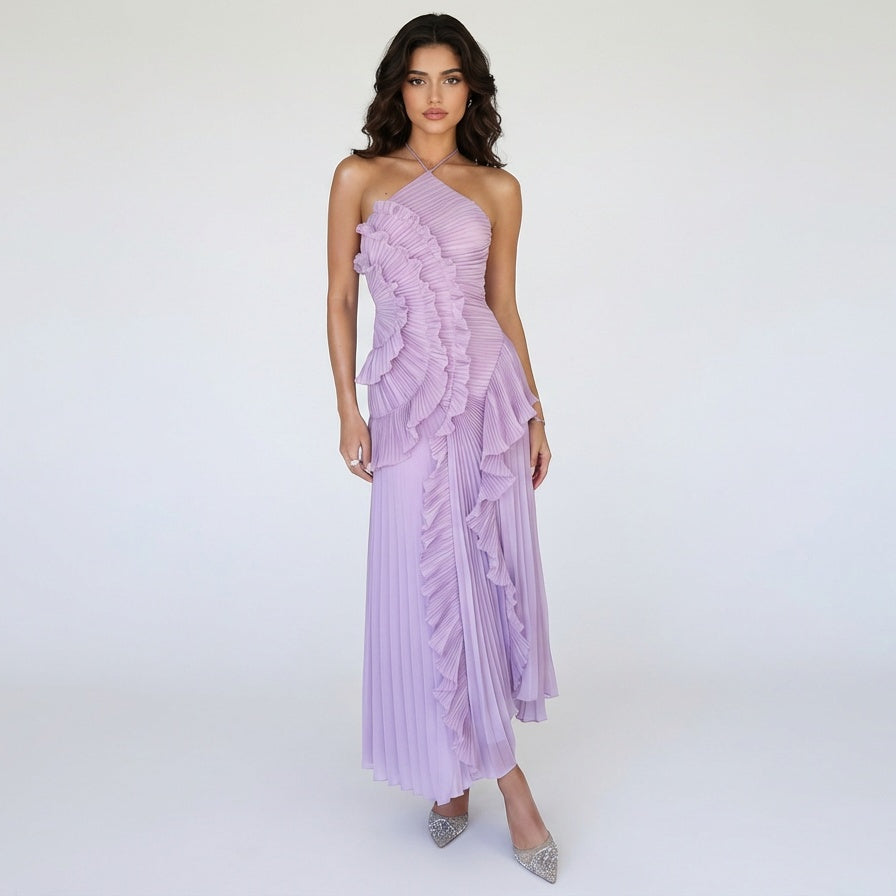 Serena Pleated Ruffle One-Shoulder Dress