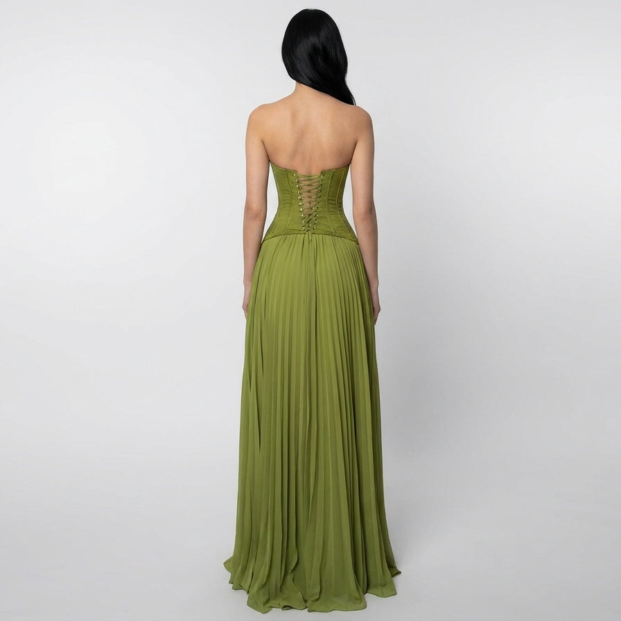 Olive Lace Bodice Pleated Maxi Dress