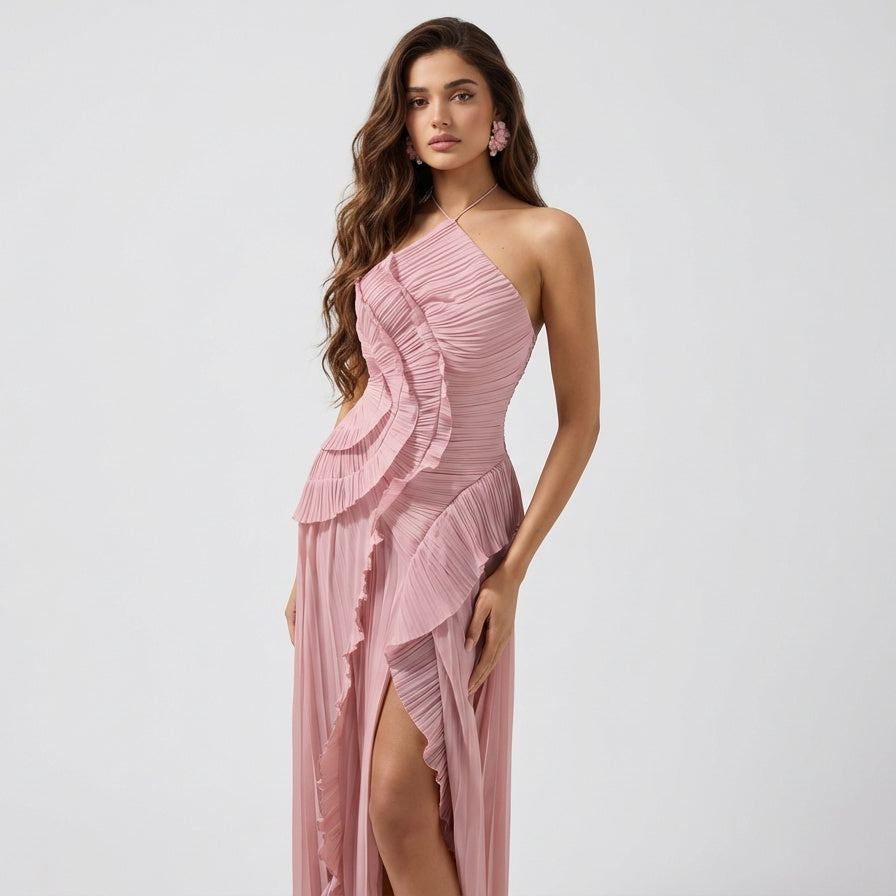 Serena Pleated Ruffle One-Shoulder Dress