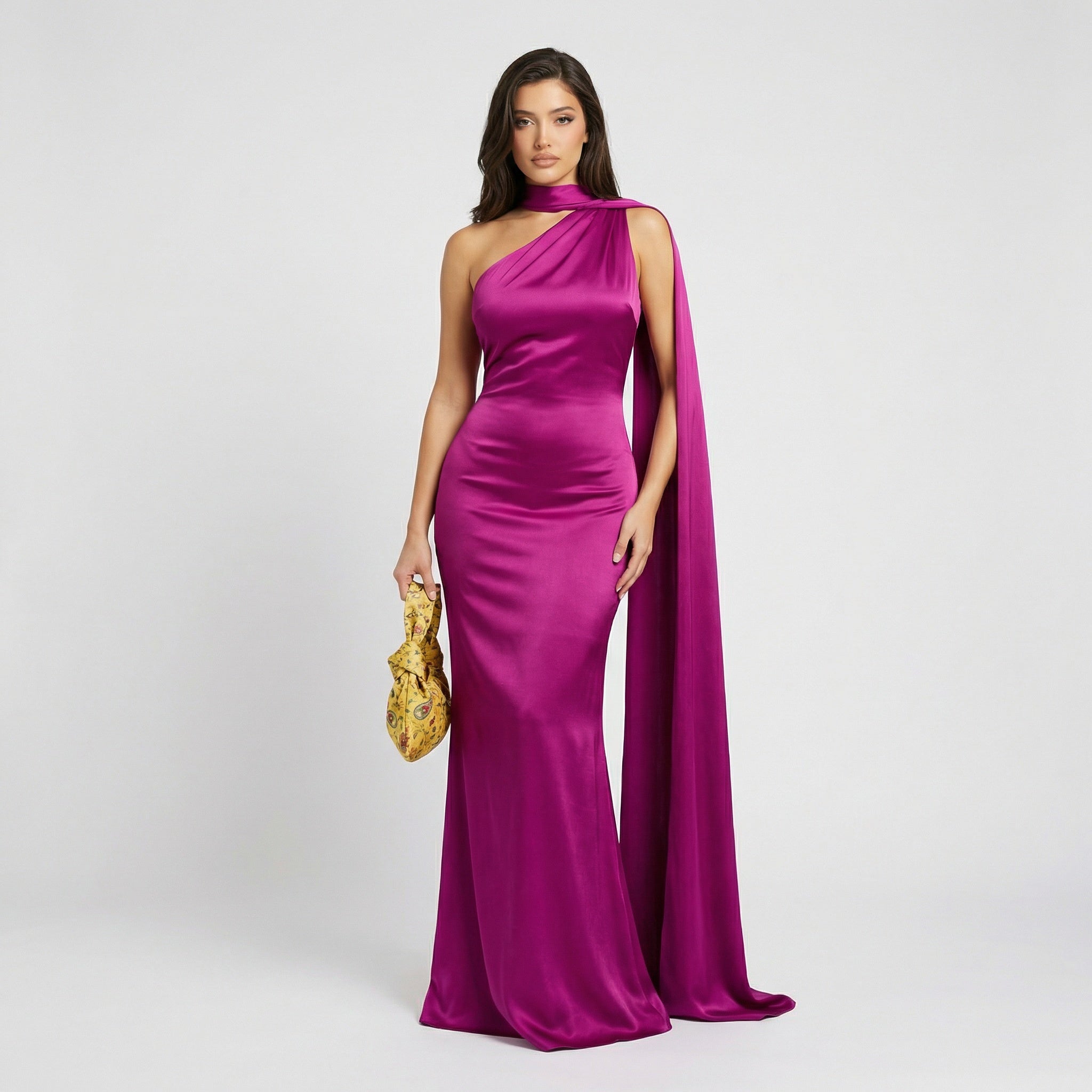 Seraphina Satin One-Shoulder Scarf Gown