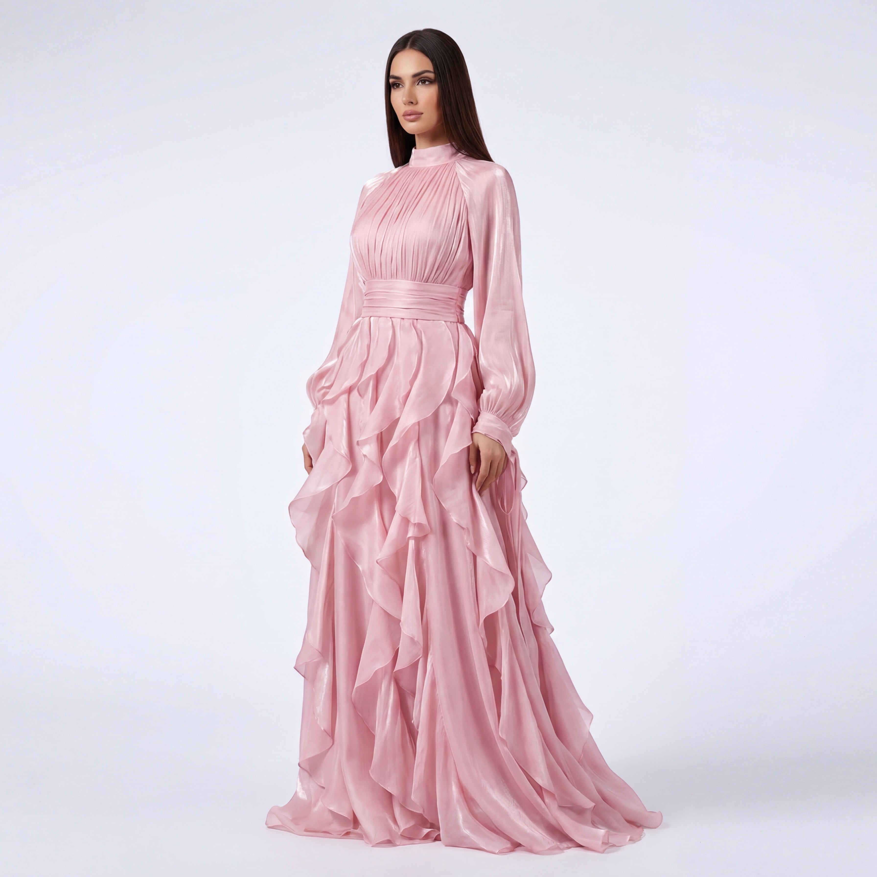 Ethereal Blush Ruffle Gown – High-Neck  Evening Dress
