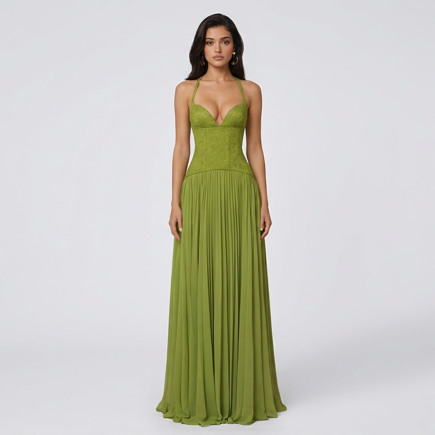 Olive Lace Bodice Pleated Maxi Dress
