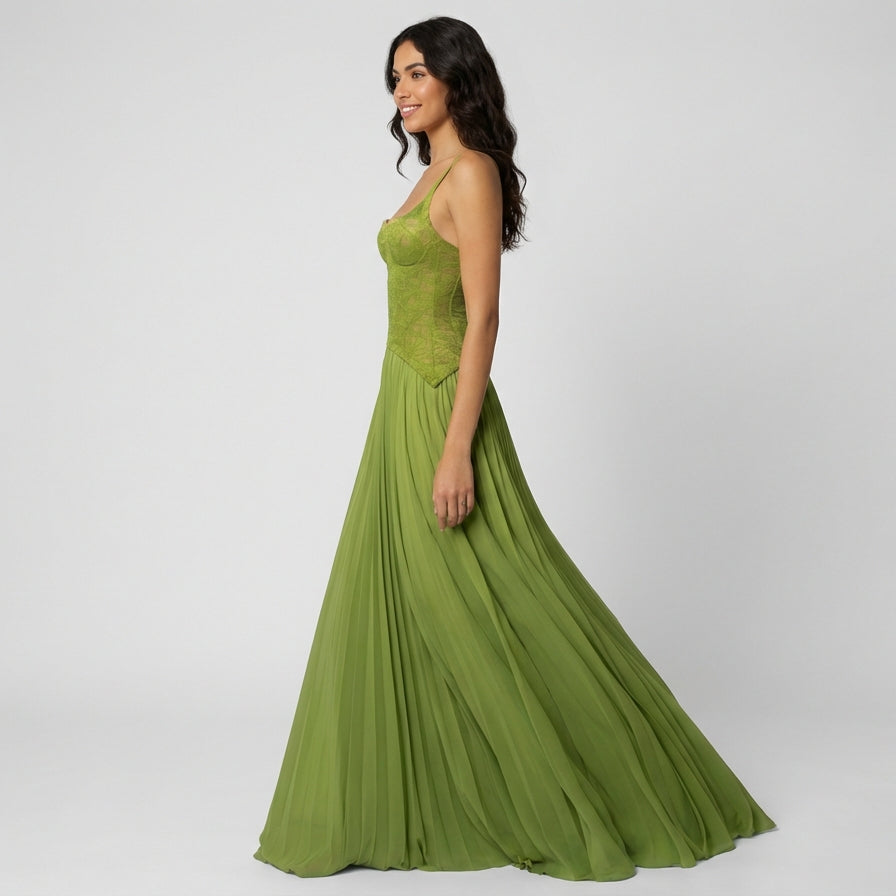 Olive Lace Bodice Pleated Maxi Dress