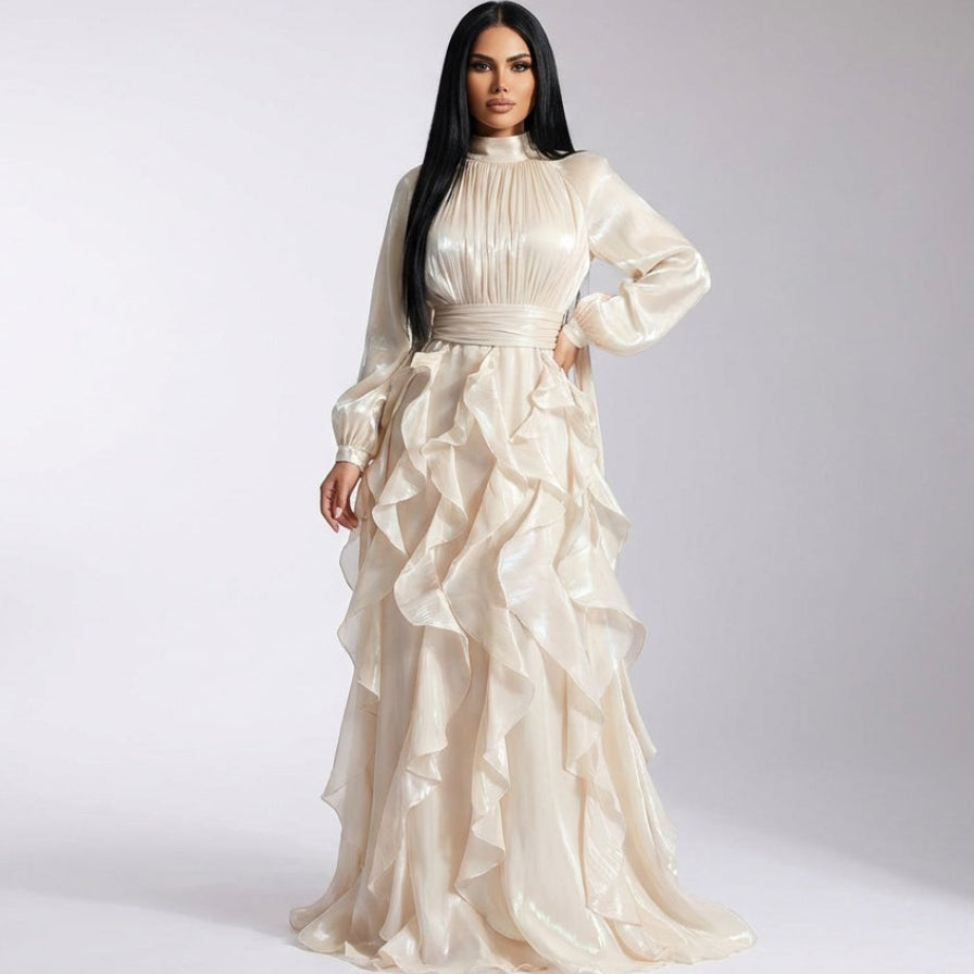 Ethereal Blush Ruffle Gown – High-Neck  Evening Dress