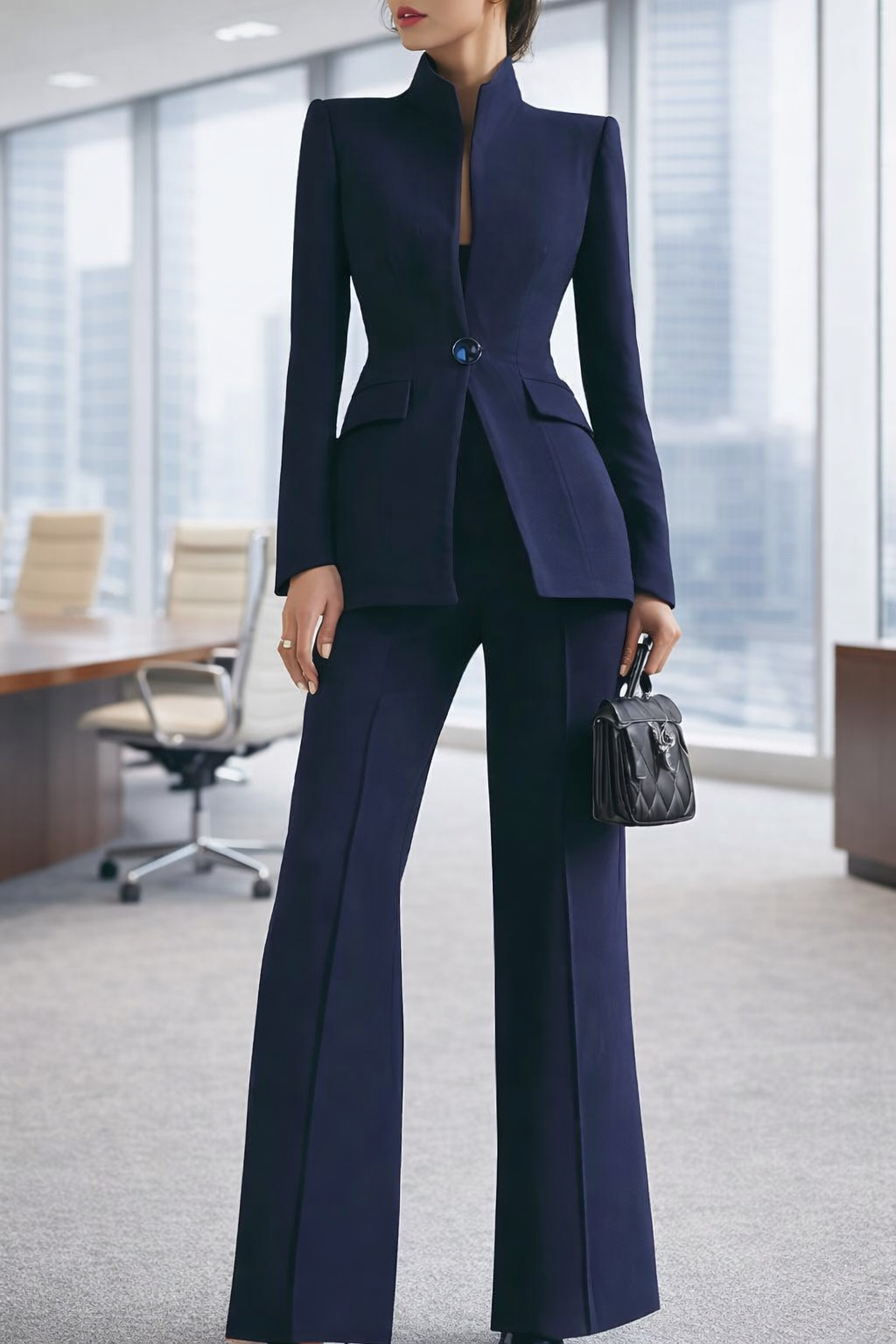 High-Collar Blazer & Wide-Leg Trousers Set